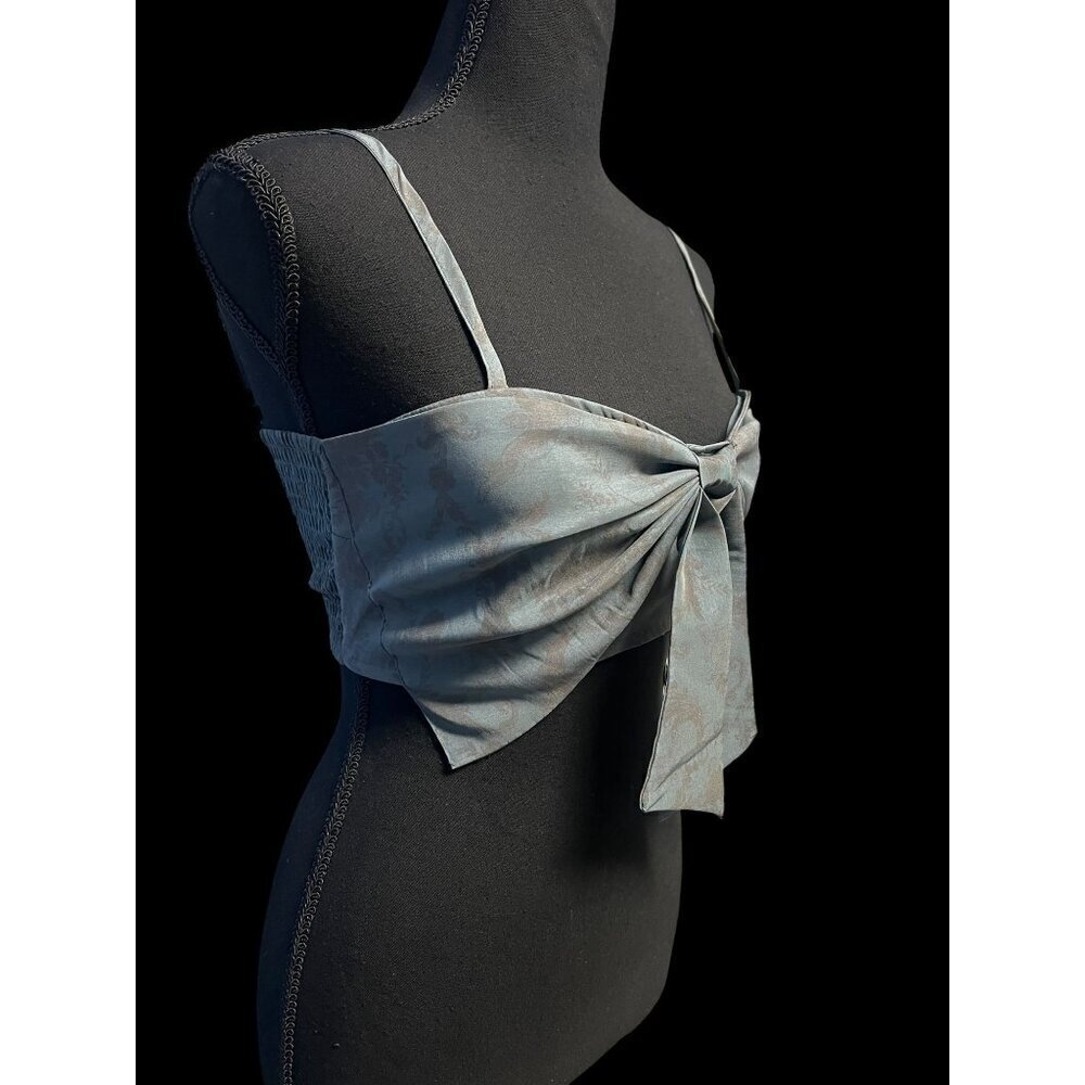 KIMCHI BLUE Womens Blue Jacquard Bow Detail CropTop, Adjustable Straps, Smocked - Picture 2 of 13